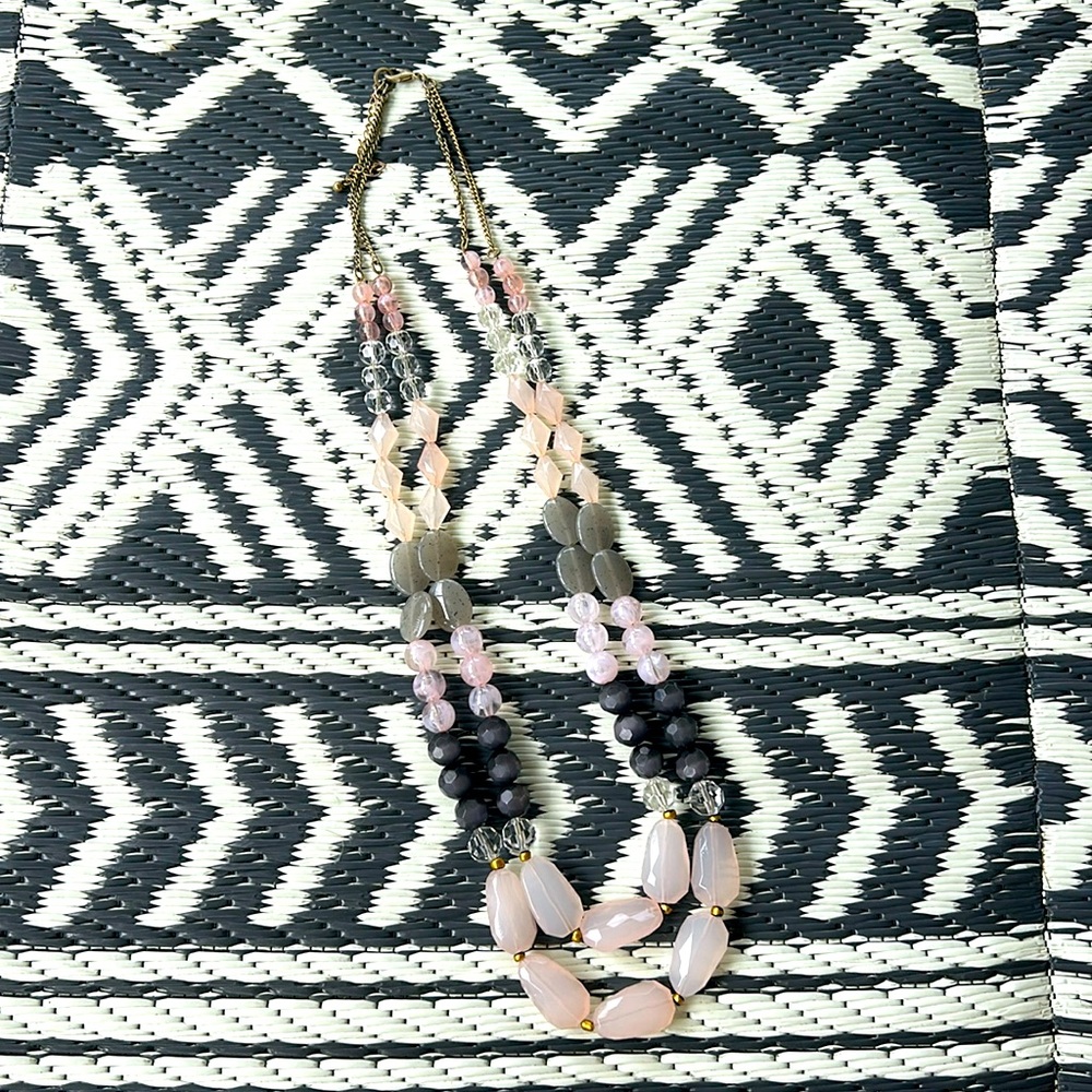 Long Vintage Beaded Stone Necklace Pink, Gray, Plum